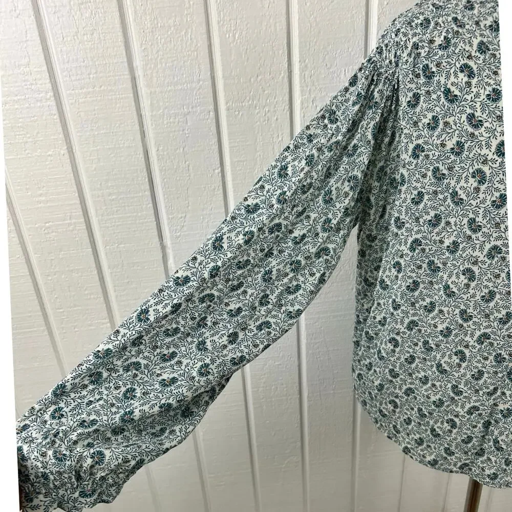 A Loves A Floral Peasant Blouse Medium Blue Boho Smocked Long Sleeve Viscose Top - Picture 2 of 9